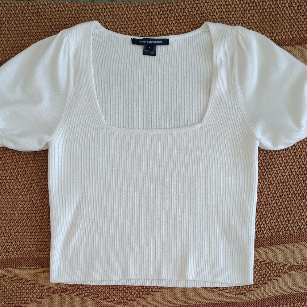French Connection White Ribbed Puff Sleeve Crop Top
